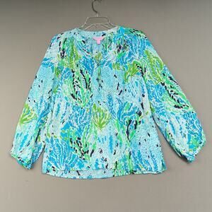 Lilly Pulitzer Elsa Top Sz Small 100% Silk Sea Blue Let's Cha Cha Blouse